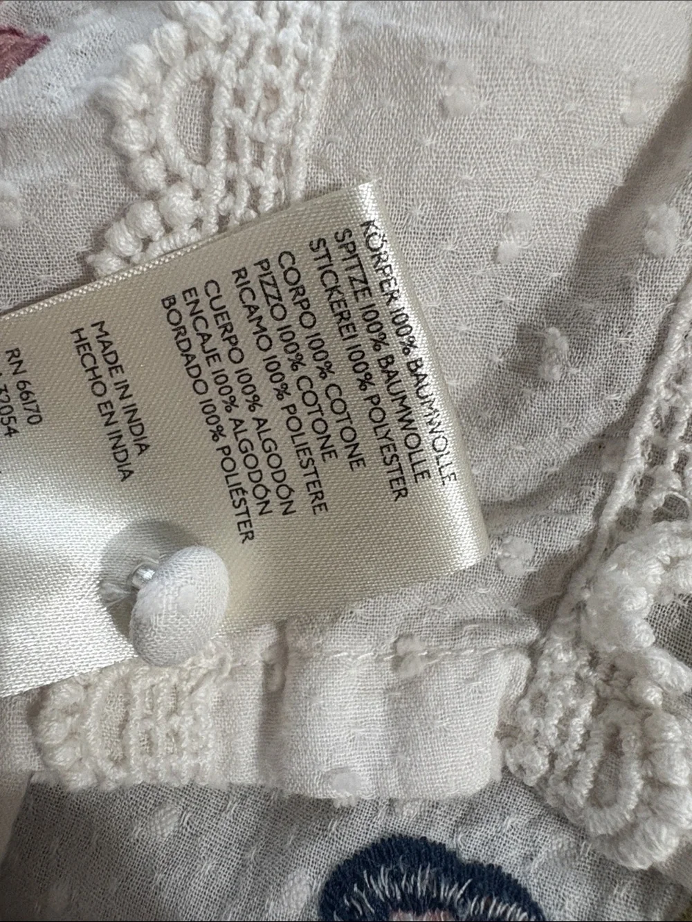Anthropologie White Peasant Blouse with Pink and Navy Floral Embroidery